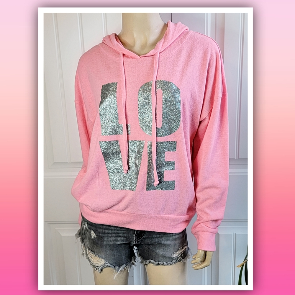 Rue 21 pink hoodie sweatshirt graphic silver glitter LOVE print women's …